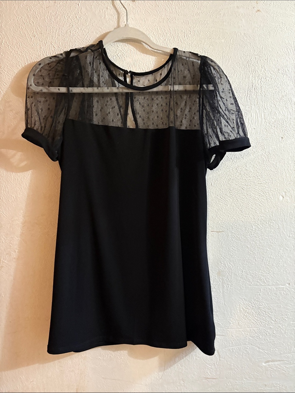 Express Black Sheer Dot Yoke Short Sleeve Blouse